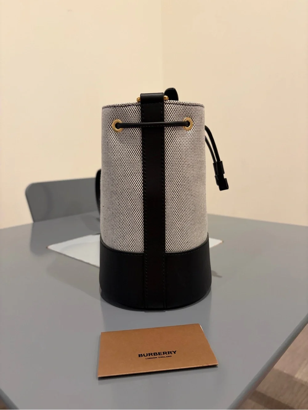 Burberry Black and Cream Canvas Leather Bucket Bag
